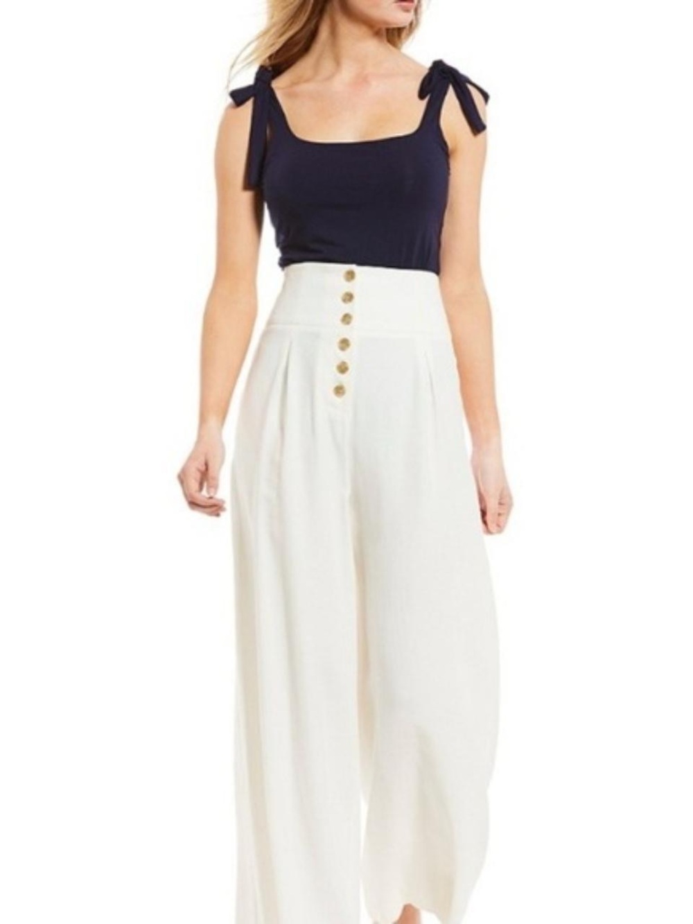 Gianni Bini White High-Waisted Wide Leg Cropped Pants | Button Front | Size 8